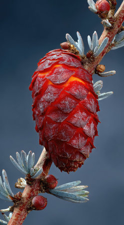 The image showcases a mature, vibrant red pine cone attached to a slender branch with delicate blue-green leaves. The composition features a macro perspective, highlighting the cone's textured surface and warm tones. The dark background enhances the visual contrast, which can be used in various commercial applications.の素材