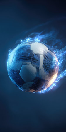 A soccer ball is presented with an energetic, ethereal blue glow. The image highlights the ball's shape and texture through stylized lighting. A dark gradient backdrop creates a sense of depth, suitable for design, advertisement, or other commercial uses. The composition is visually compelling and suggests movement.の素材