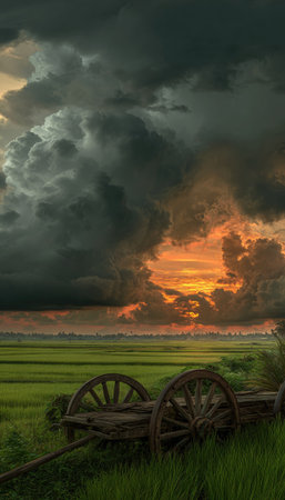 A wooden cart rests in a verdant field under a dramatic, cloud-filled sky. The composition features a vibrant sunset with orange and yellow hues contrasting against the darker, imposing clouds. The image is taken outdoors, suggesting a rural setting, with potential for use in travel or environmental content.の素材