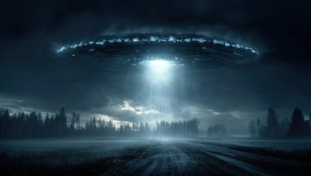 An extraterrestrial spacecraft hovers above a wooded landscape at night. The composition features a circular, illuminated object emitting a bright beam towards the ground, framed by a dark, cloudy sky. The image uses cool tones, with texture suggesting fog. Suitable for science fiction concepts and visual storytelling, the image can be applied for various media.の素材