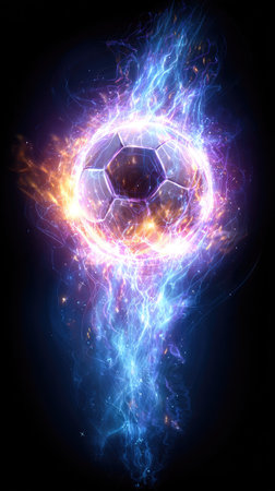 A soccer ball is depicted at the center of an artistic illustration, enveloped in vibrant flames and an ethereal glow. The composition features a dark background that accentuates the bright colors. This artwork might be suitable for design projects, promotional materials, or other commercial uses.の素材