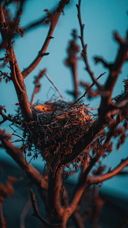 A close-up view showcases a bird nest nestled in a network of tree branches. The nest, constructed from twigs and fibers, is illuminated by a warm glow against the cool, blue sky. The composition highlights natural textures and forms. This image could be used for editorial or commercial purposes.の素材