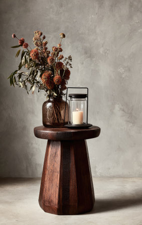 An artful still life showcases a vase of dried flowers, a candle in a glass holder, and a dark wooden stool. The composition has a neutral color palette and soft lighting. Ideal for use in home decor projects, lifestyle publications, or general illustrative purposes. The image suggests tranquility and warmth.の素材