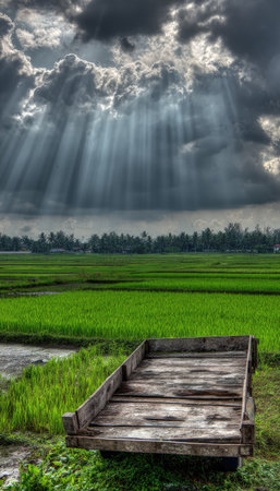 A dynamic composition presents a bright green field beneath a cloudy sky, pierced by dramatic sunlight beams. The scene includes a rustic wooden structure in the foreground, suggesting an outdoor setting. This image could be suitable for environmental, agricultural, or conceptual projects, highlighting natural elements.の素材