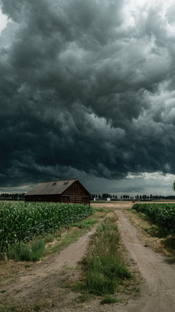 A rural scene depicts a rustic building and a dirt road leading towards it under a dark, ominous sky. The composition features a balance of natural elements, with green fields contrasting the moody, stormy cloudscape. The lighting suggests an approaching storm. This image could be used for various purposes, including environmental or agricultural contexts.の素材