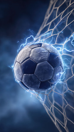 An image displays a soccer ball seemingly energized with electric arcs as it enters the net. The ball is in a dark environment with a contrasting light emanating from the electric effects. This visual may be suitable for promoting sports, technology, or energetic concepts. The composition can be used in various commercial projects.の素材
