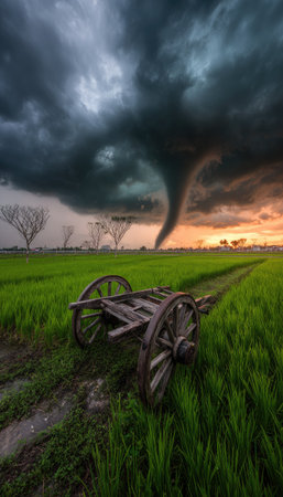 A severe thunderstorm looms above a verdant field, featuring a swirling tornado. An aged wooden cart sits on a dirt path, its presence contrasting the powerful natural phenomenon. The scene showcases dark clouds, vibrant green grass, and warm sunset hues. Suitable for various commercial and editorial uses.の素材