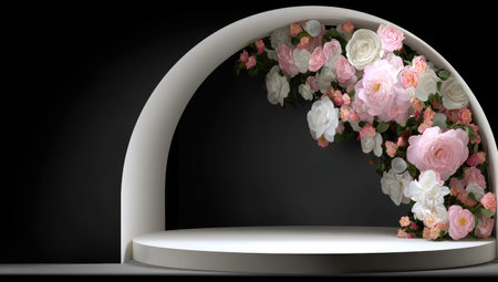 An artistic presentation features a white circular platform beneath an arched structure adorned with pastel flowers. The arrangement is set against a gradient black backdrop, highlighting the platform. The lighting emphasizes the textures of both the flowers and the platform. Ideal for showcasing products or creative content.の素材