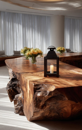 A large, rustic wooden table dominates this bright interior. A black lantern with a lit candle sits atop the table, alongside vases of yellow flowers. The composition showcases natural wood textures and a soft, diffused lighting. This image is suitable for showcasing home decor and interior design concepts.の素材