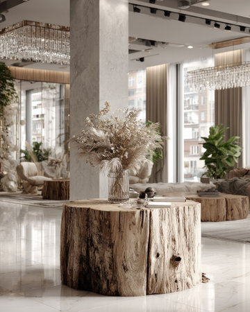 An interior showcases a unique wooden table holding a vase of dried flowers. The setting features soft lighting and a contemporary design. It includes a neutral color palette, with views of other furniture and decorative plants. Suitable for architectural and design publications or commercial use.の素材