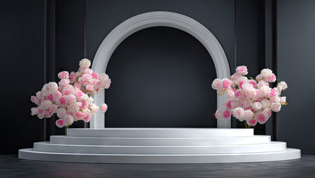 A sophisticated floral arrangement is displayed on a multi-tiered podium, beneath a curved archway. The composition features soft pink blossoms against a dark backdrop, creating a contrast. This image presents a minimalist style with focused lighting, suitable for showcasing products or concepts in editorial content or advertising.の素材