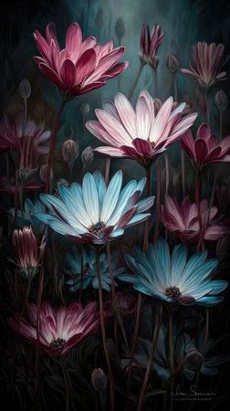 An artistic representation depicts a cluster of daisy-like flowers. The image features vibrant pink and blue petals with yellow centers. The composition is set against a shadowy background, with soft lighting highlighting the flower's textures, suitable for decorative and artistic projects.の素材