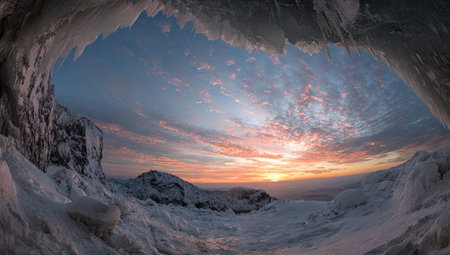 An opening in a large ice formation frames a colorful sky during sunrise. The composition features detailed textures of ice formations and a soft, diffused light. The landscape suggests a cold environment, suitable for various editorial and commercial applications.の素材