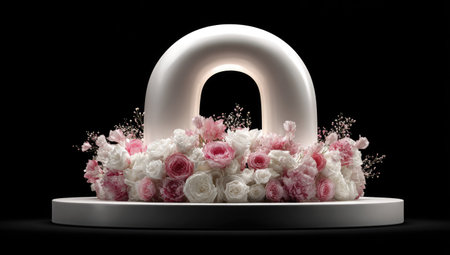 A large white arch sits atop a circular pedestal, framed by an array of pink and white roses and delicate foliage. The composition utilizes a minimalist aesthetic with a smooth, glossy texture against a stark black backdrop. This image could be suitable for various commercial applications.の素材