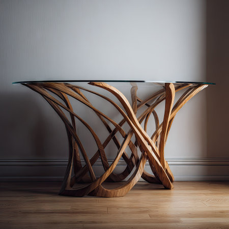 This image showcases a unique wooden table featuring an artistic intertwined base supporting a clear glass top. The natural wood exhibits a warm tone, contrasted by the transparent surface. The composition highlights the table's elegant design, suitable for various uses such as interior design or product presentation.の素材