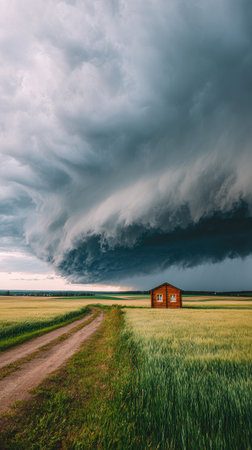 A striking image shows a small wooden structure nestled in a field as a vast cloud formation dominates the sky. The scene features a dirt road leading to the structure, with vibrant green and yellow fields in the foreground. This high-angle shot is rich in texture, ideal for environmental storytelling or illustrating weather-related themes.の素材
