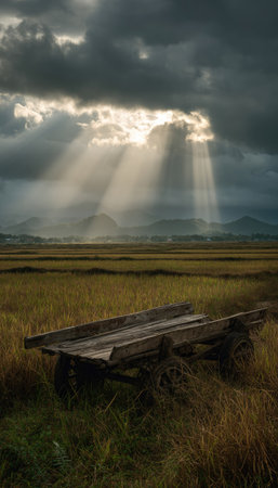 An aged wooden cart rests in a field under a dramatic, overcast sky with beams of sunlight. The scene displays a rural landscape with textures of dry grass and an old cart. This image could be used for commercial applications, showcasing a sense of history and the power of nature.の素材