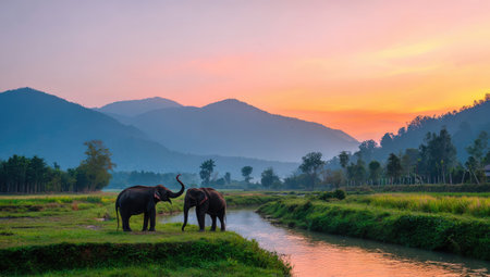 Two elephants stand on a grassy bank near a flowing river, set against a backdrop of majestic mountains. The sky transitions from orange to blue, creating a serene ambiance. The image showcases natural textures and lighting, suitable for environmental or travel-themed projects, and editorial content.の素材