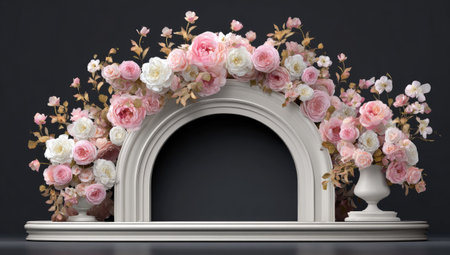 An ornate archway is adorned with a delicate arrangement of pink and white flowers, set against a dark background. The composition features a symmetrical design with detailed textures and soft lighting. This image is suitable for various creative projects, including invitations, backgrounds, or design elements.の素材