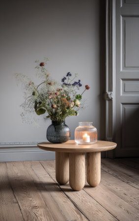 A sophisticated floral arrangement sits on a small, round wooden side table, next to a glass jar with a lit candle. The indoor scene features natural wooden flooring and a neutral-toned wall. The image may be suitable for home decor, lifestyle publications, or interior design projects.の素材