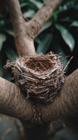 An empty bird nest sits on a tree branch, showcasing intricate woven construction. The nest is centered, with varying shades of brown and tan. The backdrop features lush green foliage, softly blurred. The image could be suitable for nature, environmental, or ecological themed projects, as well as for decorative purposes.の素材