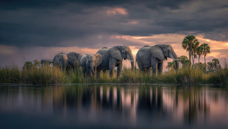 A herd of elephants is seen in a natural environment, crossing a body of water. The image presents a low-angle perspective with the reflections enhancing the composition. The sky is filled with dark clouds and warm light, enhancing the drama and atmosphere, suitable for conservation and wildlife-related publications.の素材