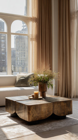 A sunlit interior showcases contemporary furniture, including a wooden coffee table and neutral-toned sofa. Tall windows frame a city view, and soft curtains diffuse the light. The scene offers a serene ambiance, suitable for illustrating design, lifestyle, or architectural concepts in various projects.の素材