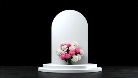 A vibrant arrangement of pink and white flowers is presented on a pristine white pedestal, set against a deep black backdrop. The composition features an arched design with soft lighting that highlights the textures of the flowers. Suitable for use in advertising, design, and editorial applications.の素材