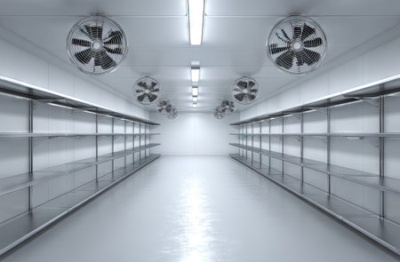 A long, sterile warehouse interior features rows of empty shelves, overhead fans, and bright fluorescent lighting. The scene is predominantly white and gray, creating a clean, minimalist aesthetic. The composition suggests a large commercial space. Suitable for illustrating concepts like storage or supply.の素材