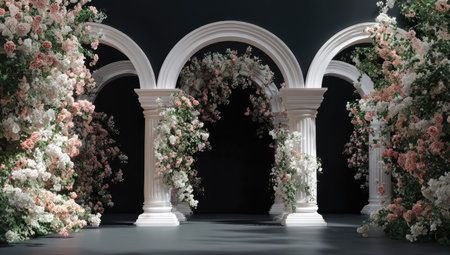 This image presents a floral archway with classical columns, showcasing a symmetrical composition. The structure is adorned with lush, colorful blossoms, with soft lighting highlighting the texture. This scene might be suitable for promotional material or for use in design projects related to events and beauty.の素材