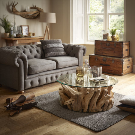 The image displays an inviting living room featuring a gray tufted sofa, a unique coffee table with driftwood base, and natural wooden accents. The room has a neutral color palette, enhanced by warm lighting. This stylish interior setting could be utilized for advertising design, home decor editorials, or as a backdrop for lifestyle content.の素材
