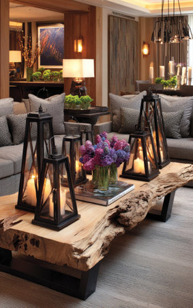 An interior scene presents a decorative wooden table adorned with lanterns and flowers. The room features muted tones, a warm lighting scheme, and soft textures. The composition suggests a cozy atmosphere, suitable for design projects or editorial use related to home decor and lifestyle.の素材