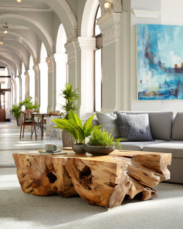 A sunlit interior showcases a unique wooden coffee table and a comfortable sofa. Green plants add a touch of nature to the space, complemented by an abstract painting. The setting suggests a refined living area suitable for design projects, editorial use, or commercial applications.の素材