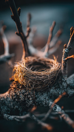A bird nest composed of twigs and plant fibers is nestled within the branches of a tree. The image showcases a detailed texture and earthy tones with warm lighting. The composition suggests an outdoor environment during the day. This image is suitable for various editorial and commercial projects.の素材