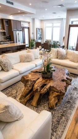A spacious living room showcases comfortable white sofas arranged around a unique wooden coffee table. The room's design emphasizes natural light and neutral tones, featuring decorative pillows and a patterned rug. This interior setting suggests a comfortable space suitable for various editorial and commercial applications.の素材