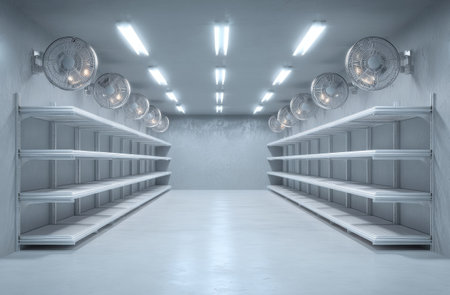 An interior shot shows empty shelves in a store setting. Rows of shelves stretch into the distance, bathed in cool, bright lighting. The composition emphasizes symmetry and perspective, creating a minimalist style. Suitable for conceptual visuals in retail or commerce. Potential for marketing and advertising materials.の素材