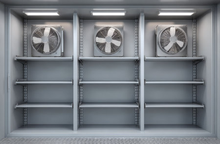 The image presents a storage unit featuring three compartments, each with shelves and a centrally positioned fan. The monochromatic color scheme and overhead lighting create a stark, minimalist aesthetic. This visual would suit conceptual projects highlighting space, organization, or product display, suitable for various commercial applications.の素材