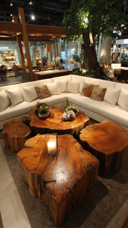 An interior shot showcases a luxurious living room with a large white sectional sofa and unique wooden coffee tables and stools. The room is brightly lit, suggesting natural daylight. Decorative pillows and plants add to the inviting ambiance. Suitable for illustrating interior design, lifestyle themes, and home decor projects.の素材