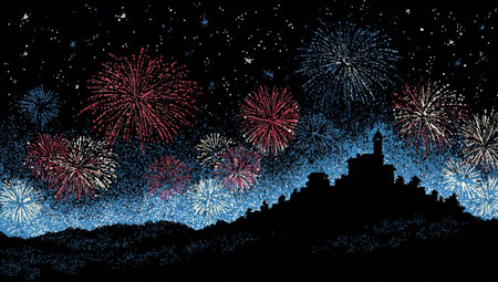 A vibrant display of fireworks explodes above a silhouetted landscape. The composition features bursts of red, white, and blue colors against a dark, starry night sky. The style is illustrative, suggesting a celebratory or commemorative event, suitable for various design projects, including marketing and advertising materials.の素材