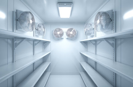 An interior view of a commercial refrigerator showcases rows of empty shelves and cooling fans. The scene is illuminated by overhead lighting. The composition features clean lines and a sterile aesthetic, creating a sense of coldness. Suitable for visual content related to storage, food processing, or refrigeration concepts.の素材