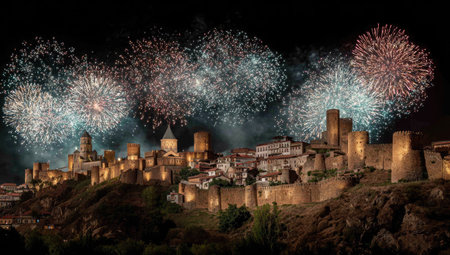 A nighttime view showcases fireworks bursting over a historic structure. The composition highlights the architecture, bathed in warm light, contrasting with the dark sky. A vibrant array of pyrotechnics creates a celebratory atmosphere. This imagery could be used for promotional content or editorial purposes.の素材
