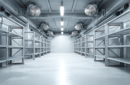An interior view showcases a cold storage warehouse with rows of empty shelving units. The scene features a clean, modern aesthetic with a bright, overhead lighting system. The composition displays symmetry and depth, suggesting a large, commercial setting. This image could be used for illustrating concepts of storage, inventory, or industrial processes.の素材