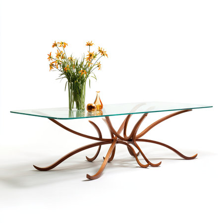 A modern glass table is showcased against a pure white backdrop. A vase of yellow flowers adorns the table. Warm light reveals the table's wooden base and overall sleek design. This image is suitable for commercial applications such as furniture catalogues or interior design publications.の素材