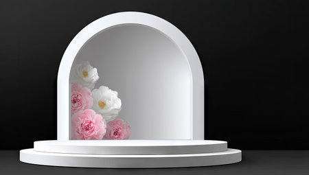 A minimalist composition features a white arched structure housing delicate pink and white flowers, presented on a tiered platform. The scene uses soft lighting and emphasizes the floral details against a dark background. This image offers versatility for product presentation and design projects.の素材
