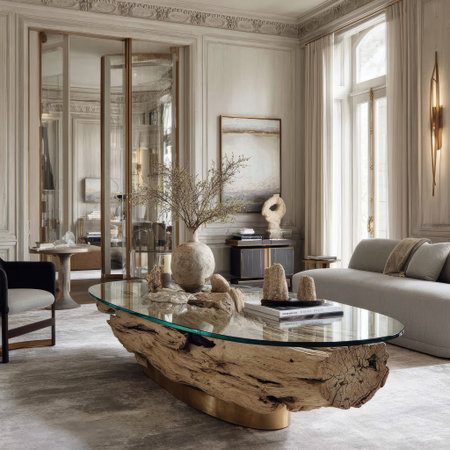 This interior showcases a living room with a distinctive wooden table topped with glass. The room features light-colored walls, large windows with curtains, and a comfortable sofa. The natural lighting illuminates the objects, creating a serene and inviting environment. Suitable for use in lifestyle or design projects.の素材