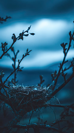 A bird's nest sits empty amidst the branches of a tree, set against a backdrop of a cloudy blue sky. The image features a shallow depth of field, highlighting the nest's texture. Suitable for editorial and commercial applications, the image suggests themes of nature and environment.の素材