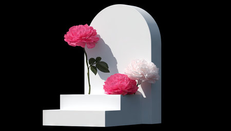 An artistic composition showcases vibrant pink roses placed upon a white, arched structure with steps. The image highlights the interplay of light and shadow, creating a visually appealing presentation. This image could be used for diverse applications, including advertising, design projects, or as decorative elements.の素材