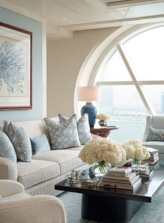 This image showcases a tastefully decorated living room with a comfortable sofa and a modern coffee table. The room is filled with natural light from a large window. Soft colors and textures create a sense of calm and sophistication. Suitable for use in home decor, lifestyle, or architectural publications.の素材