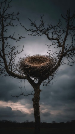 A weathered bird nest sits atop a bare tree, framed by its branches against a dramatic, overcast sky. The composition showcases a natural texture with muted tones, and the lighting suggests a cloudy day. This image could be used for editorial projects or concepts of abandonment.の素材