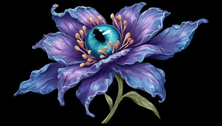 An illustration features a fantasy flower with layered purple petals surrounding a teal and blue eye. The flower has a stem, and the composition is set against a dark background. The artwork utilizes digital painting techniques. This image is suitable for various commercial and editorial projects.の素材